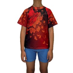 Cherry Blossom, Red Colors Kids  Short Sleeve Swimwear by FantasyWorld7