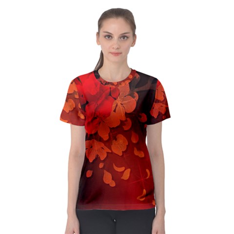 Cherry Blossom, Red Colors Women s Sport Mesh Tee by FantasyWorld7