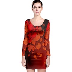 Cherry Blossom, Red Colors Long Sleeve Bodycon Dress by FantasyWorld7