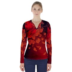 Cherry Blossom, Red Colors V-neck Long Sleeve Top by FantasyWorld7