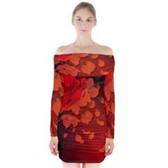 Cherry Blossom, Red Colors Long Sleeve Off Shoulder Dress by FantasyWorld7