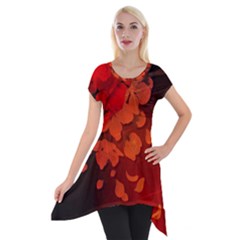 Cherry Blossom, Red Colors Short Sleeve Side Drop Tunic by FantasyWorld7