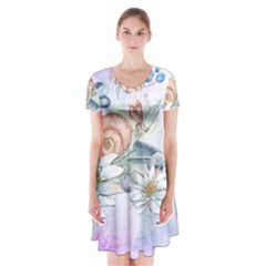 Snail And Waterlily, Watercolor Short Sleeve V-neck Flare Dress by FantasyWorld7