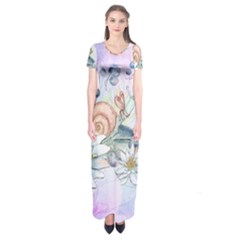 Snail And Waterlily, Watercolor Short Sleeve Maxi Dress by FantasyWorld7