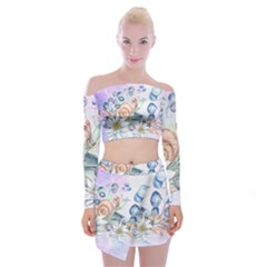 Snail And Waterlily, Watercolor Off Shoulder Top With Skirt Set by FantasyWorld7