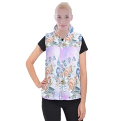 Snail And Waterlily, Watercolor Women s Button Up Puffer Vest by FantasyWorld7