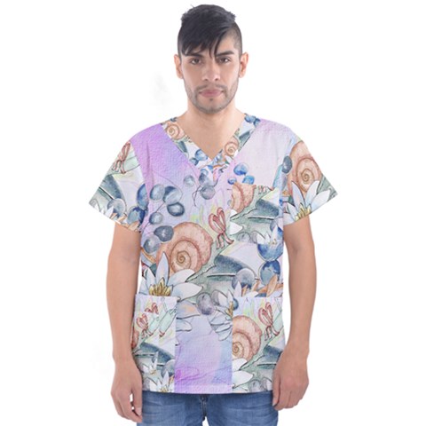 Snail And Waterlily, Watercolor Men s V-neck Scrub Top by FantasyWorld7