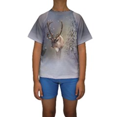 Santa Claus Reindeer In The Snow Kids  Short Sleeve Swimwear