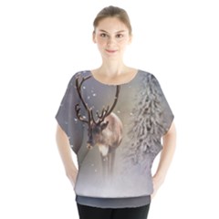 Santa Claus Reindeer In The Snow Batwing Chiffon Blouse