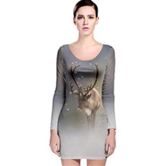 Santa Claus Reindeer In The Snow Long Sleeve Velvet Bodycon Dress