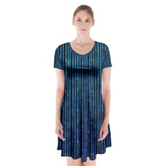 Stylish Abstract Blue Strips Short Sleeve V-neck Flare Dress by gatterwe