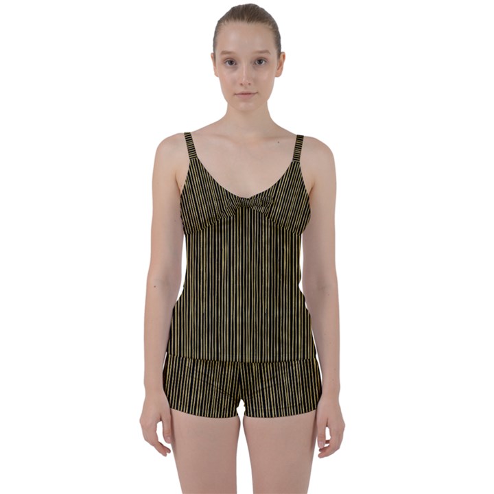 Stylish Golden Strips Tie Front Two Piece Tankini