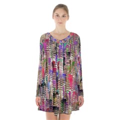 Colorful Shaky Paint Strokes                         Long Sleeve Velvet V-neck Dress by LalyLauraFLM