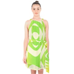 Green Shapes Canvas                       Halter Collar Waist Tie Chiffon Dress