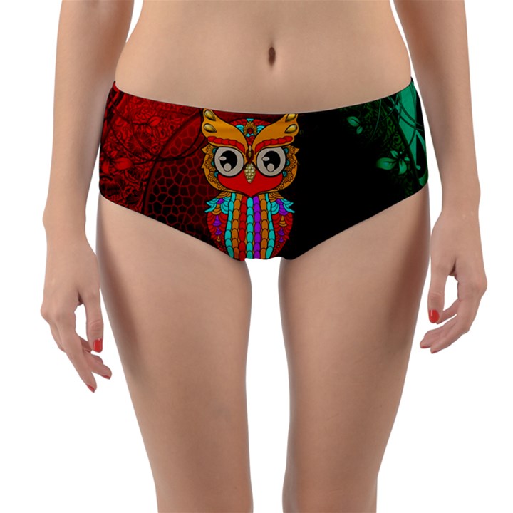 Cute Owl, Mandala Design Reversible Mid-Waist Bikini Bottoms