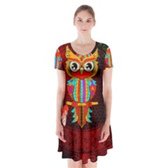 Cute Owl, Mandala Design Short Sleeve V-neck Flare Dress