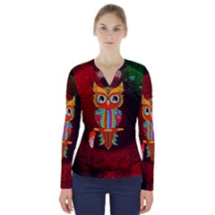 Cute Owl, Mandala Design V-neck Long Sleeve Top by FantasyWorld7