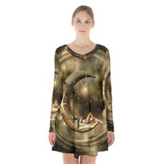 Steampunk Lady  In The Night With Moons Long Sleeve Velvet V-neck Dress by FantasyWorld7