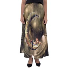 Steampunk Lady  In The Night With Moons Flared Maxi Skirt by FantasyWorld7