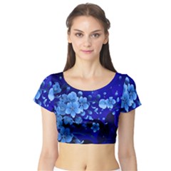 Floral Design, Cherry Blossom Blue Colors Short Sleeve Crop Top (Tight Fit)