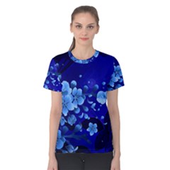 Floral Design, Cherry Blossom Blue Colors Women s Cotton Tee