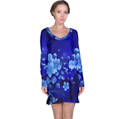 Floral Design, Cherry Blossom Blue Colors Long Sleeve Nightdress by FantasyWorld7