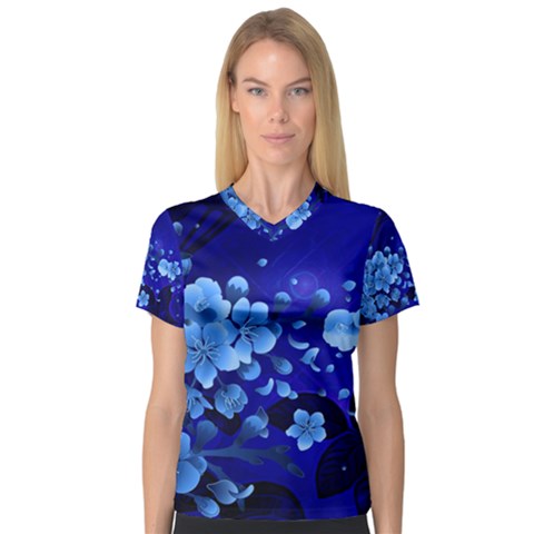 Floral Design, Cherry Blossom Blue Colors V-neck Sport Mesh Tee by FantasyWorld7