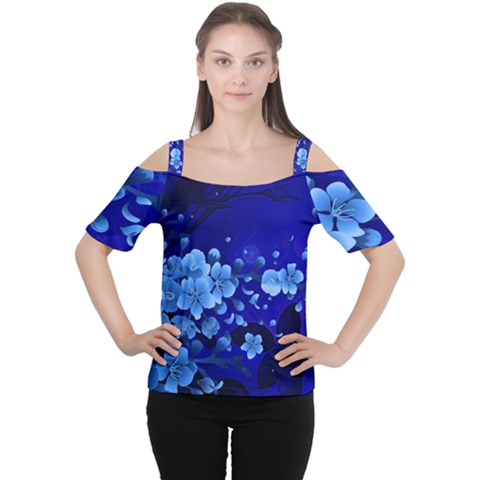 Floral Design, Cherry Blossom Blue Colors Cutout Shoulder Tee by FantasyWorld7