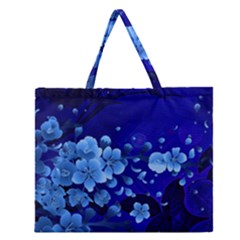 Floral Design, Cherry Blossom Blue Colors Zipper Large Tote Bag