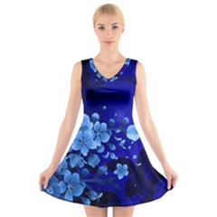 Floral Design, Cherry Blossom Blue Colors V-neck Sleeveless Skater Dress by FantasyWorld7