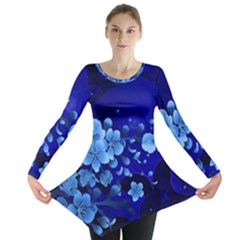 Floral Design, Cherry Blossom Blue Colors Long Sleeve Tunic  by FantasyWorld7