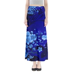 Floral Design, Cherry Blossom Blue Colors Full Length Maxi Skirt