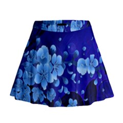 Floral Design, Cherry Blossom Blue Colors Mini Flare Skirt