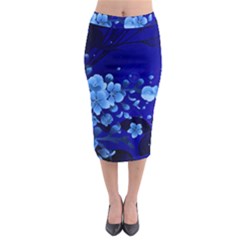 Floral Design, Cherry Blossom Blue Colors Midi Pencil Skirt by FantasyWorld7