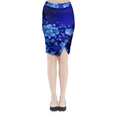 Floral Design, Cherry Blossom Blue Colors Midi Wrap Pencil Skirt