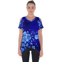 Floral Design, Cherry Blossom Blue Colors Cut Out Side Drop Tee by FantasyWorld7