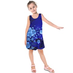 Floral Design, Cherry Blossom Blue Colors Kids  Sleeveless Dress