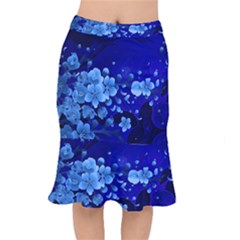 Floral Design, Cherry Blossom Blue Colors Mermaid Skirt