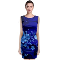 Floral Design, Cherry Blossom Blue Colors Sleeveless Velvet Midi Dress by FantasyWorld7