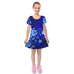 Floral Design, Cherry Blossom Blue Colors Kids  Short Sleeve Velvet Dress