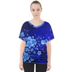 Floral Design, Cherry Blossom Blue Colors V-neck Dolman Drape Top by FantasyWorld7