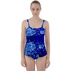 Floral Design, Cherry Blossom Blue Colors Twist Front Tankini Set by FantasyWorld7