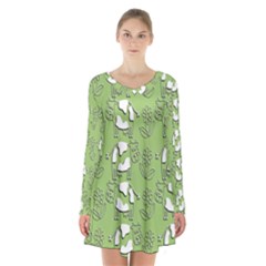 Cow Flower Pattern Wallpaper Long Sleeve Velvet V-neck Dress by Nexatart