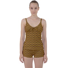 Chevron Brown Retro Vintage Tie Front Two Piece Tankini by Nexatart