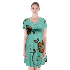 Chocolate Background Floral Pattern Short Sleeve V-neck Flare Dress by Nexatart