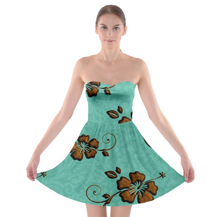 Chocolate Background Floral Pattern Strapless Bra Top Dress