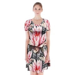 Water Lily Background Pattern Short Sleeve V-neck Flare Dress by Nexatart