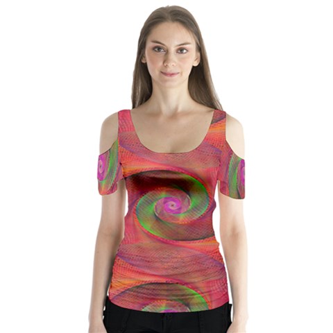 Red Spiral Swirl Pattern Seamless Butterfly Sleeve Cutout Tee  by Nexatart