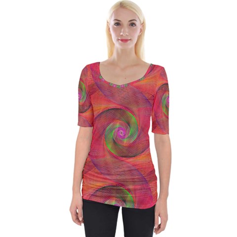 Red Spiral Swirl Pattern Seamless Wide Neckline Tee by Nexatart