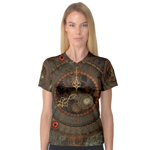 Steampunk, Awesome Clocks V-neck Sport Mesh Tee by FantasyWorld7